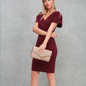 Lulu’s Raquel Burgundy Cold Shoulder Surplice Dress